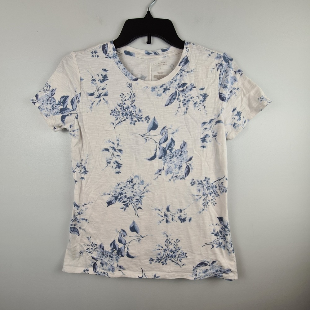 LC Lauren Conrad Womens Small Cream Blue Floral Cotton‎ Slub Knit T-Shirt Tee